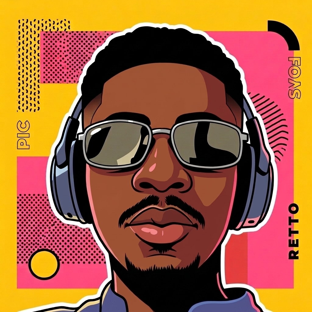 Stephen's neo-brutalist illustrated portrait with sunglasses and headphones